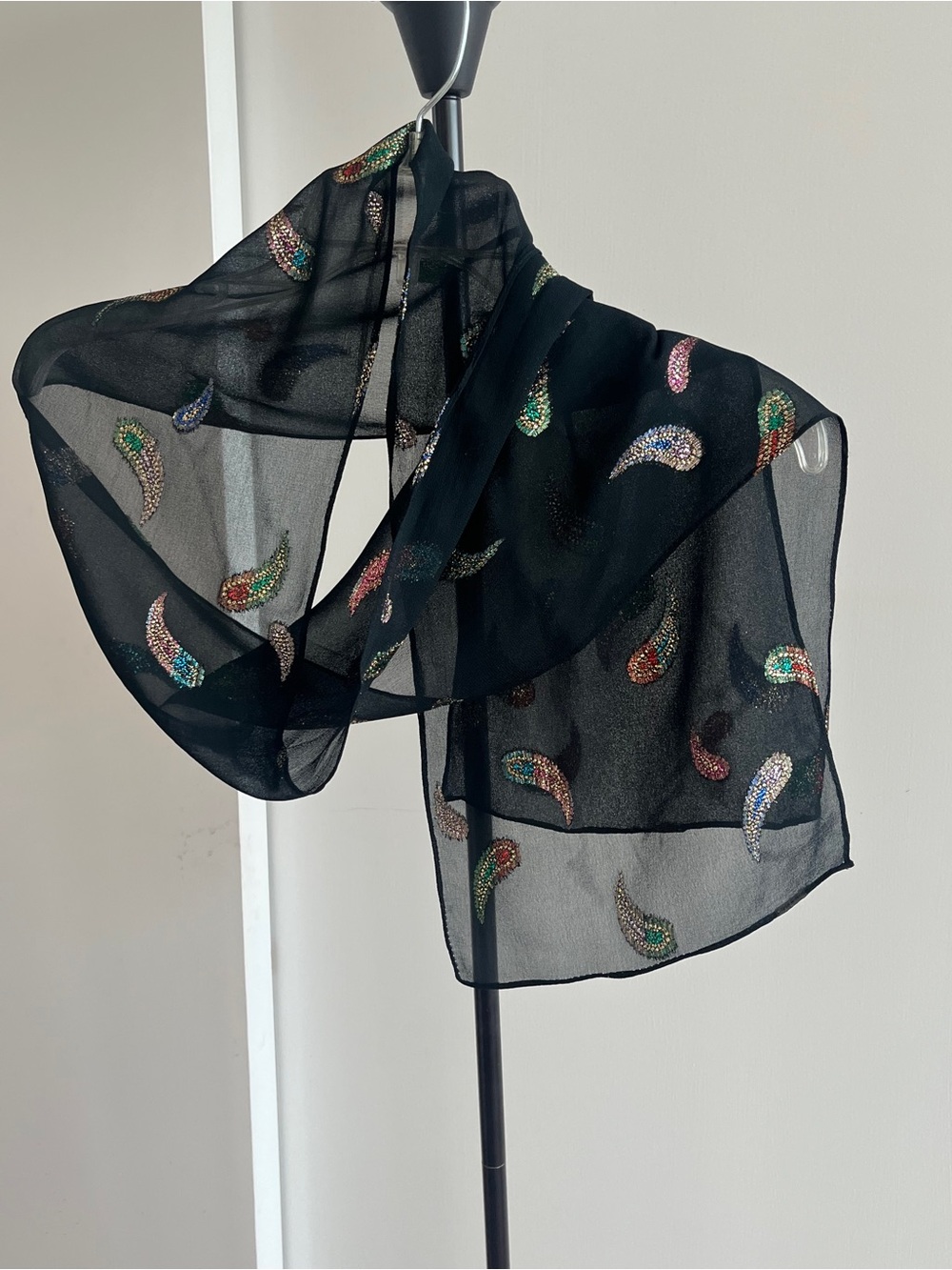 New Silk Georgette Evening Black & Glitter Paisley Gold Embroidered Stole Scarf